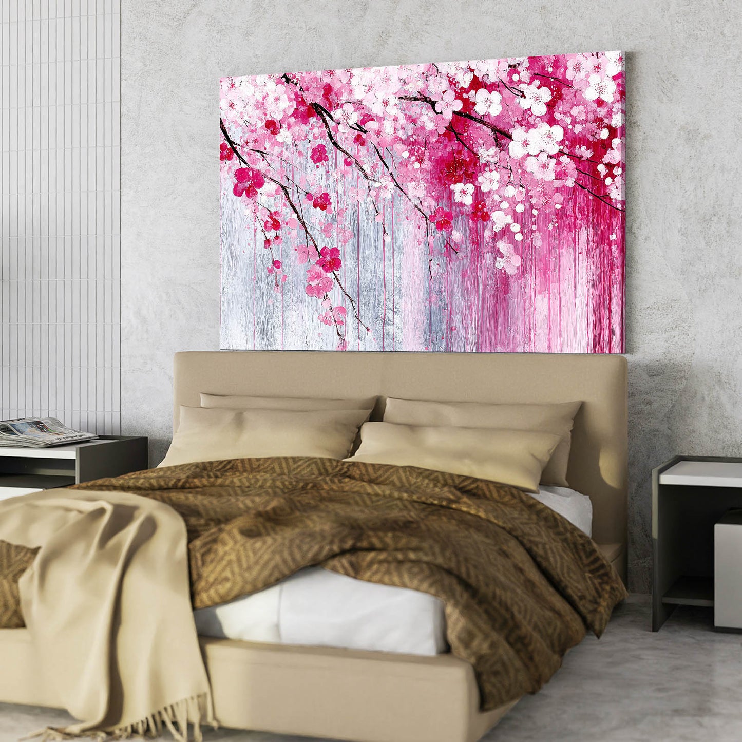 Dripping Pink Petals Cherry Blossom Canvas – styled in a furnished interior