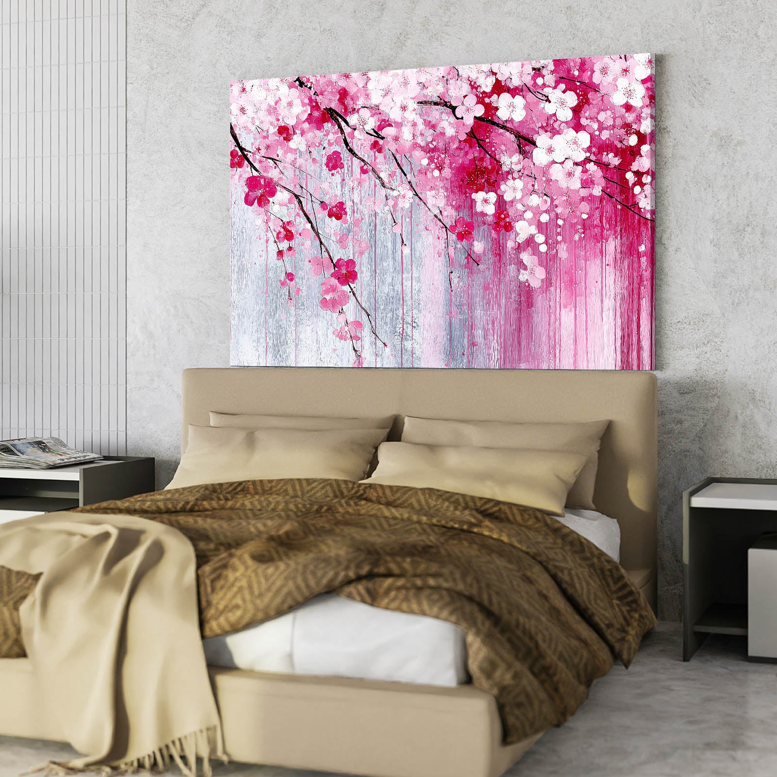 Dripping Pink Petals Cherry Blossom Canvas – styled in a furnished interior