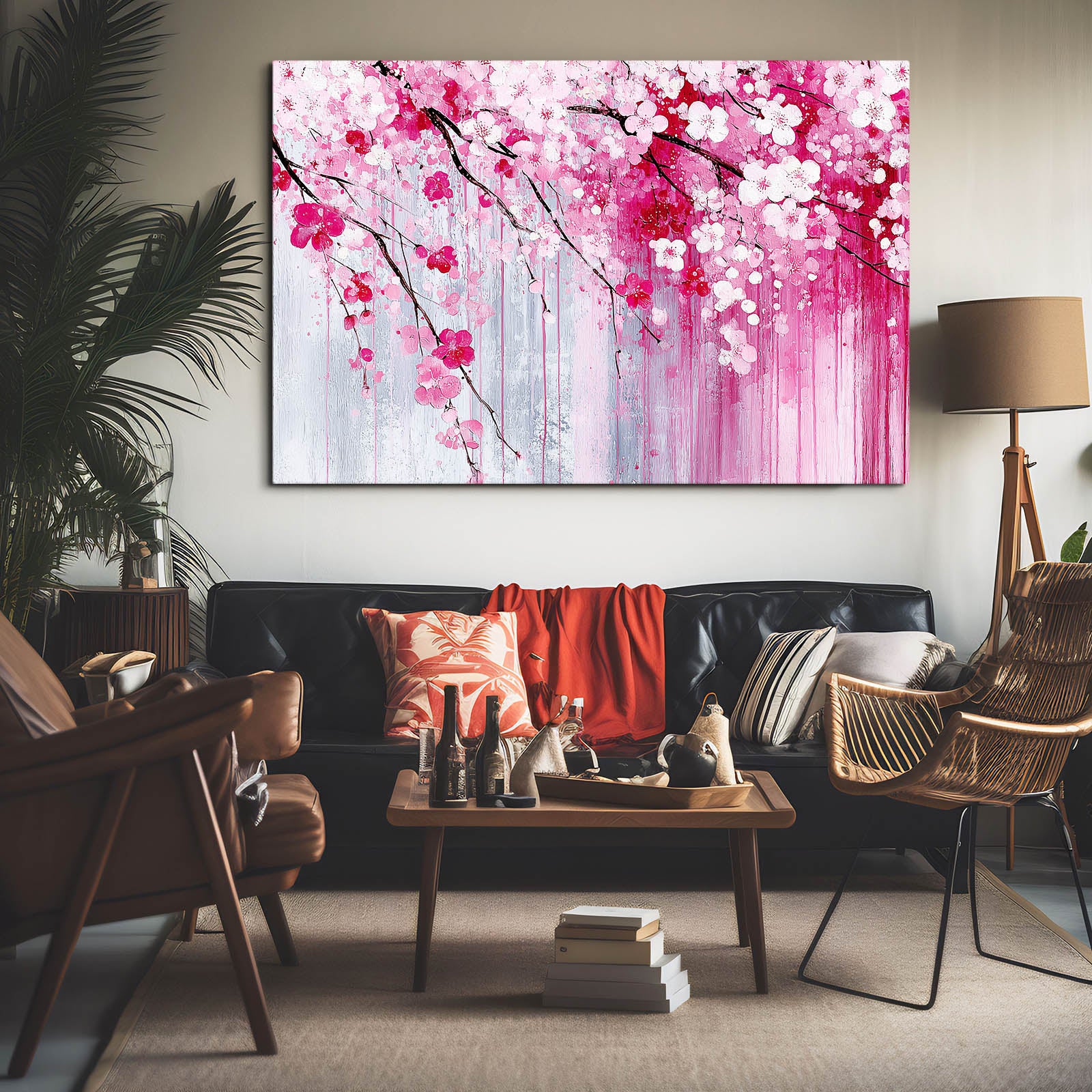 Dripping Pink Petals Cherry Blossom Canvas – styled in a furnished interior