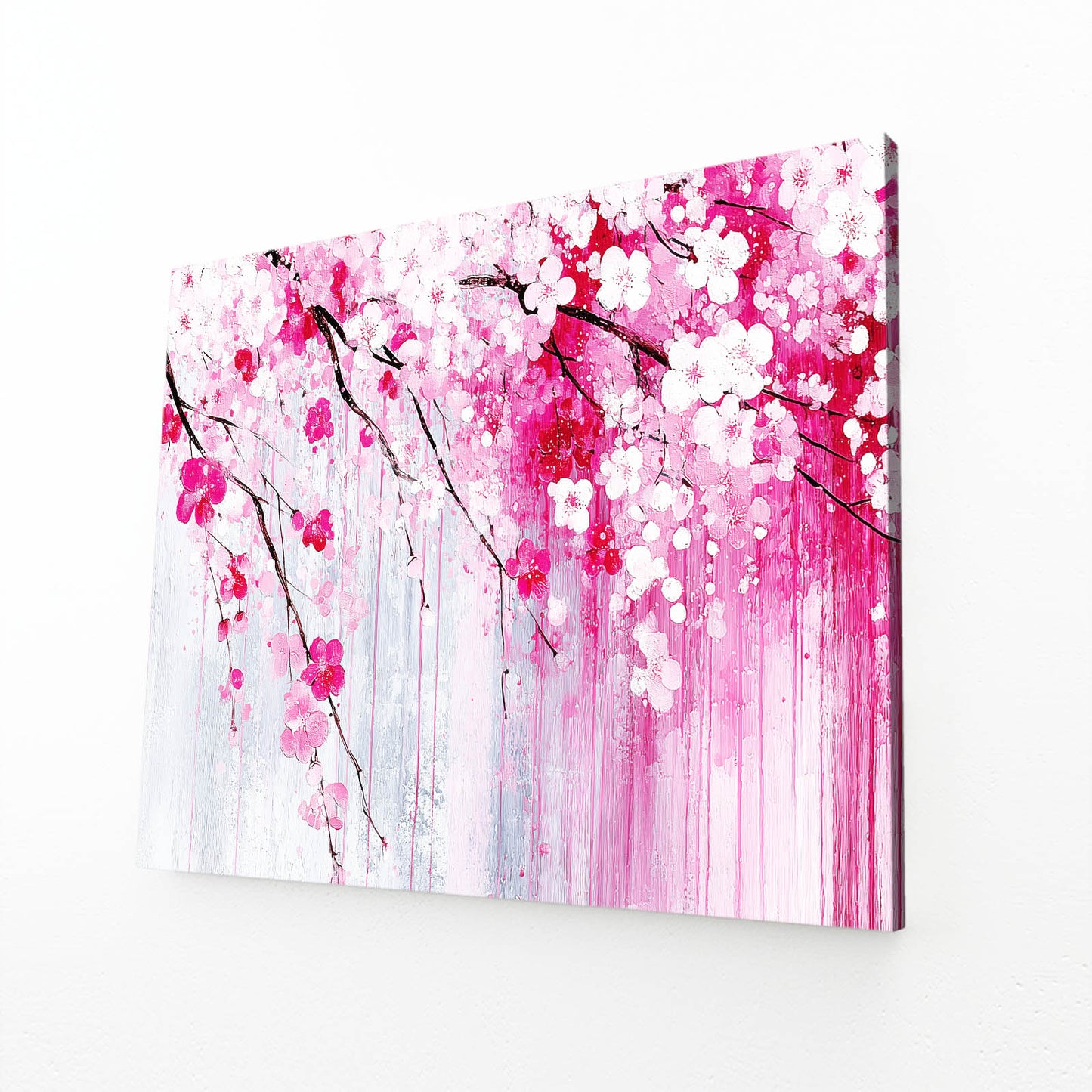 Dripping Pink Petals Cherry Blossom Canvas – angled canvas view on white background