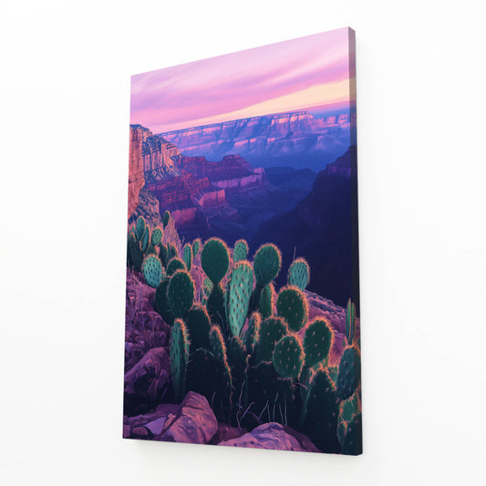 Dusk Canyon Overlook Cactus Wall Art – angled canvas view on white background