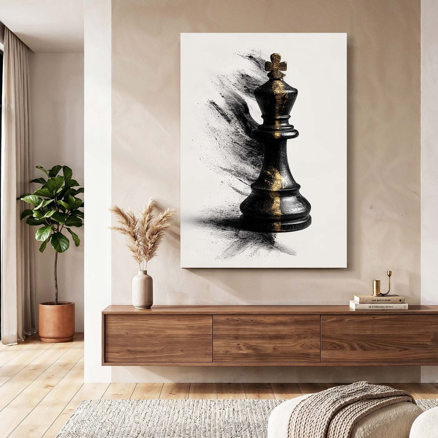 Dust Burst King Chess Wall Art – styled in a furnished interior