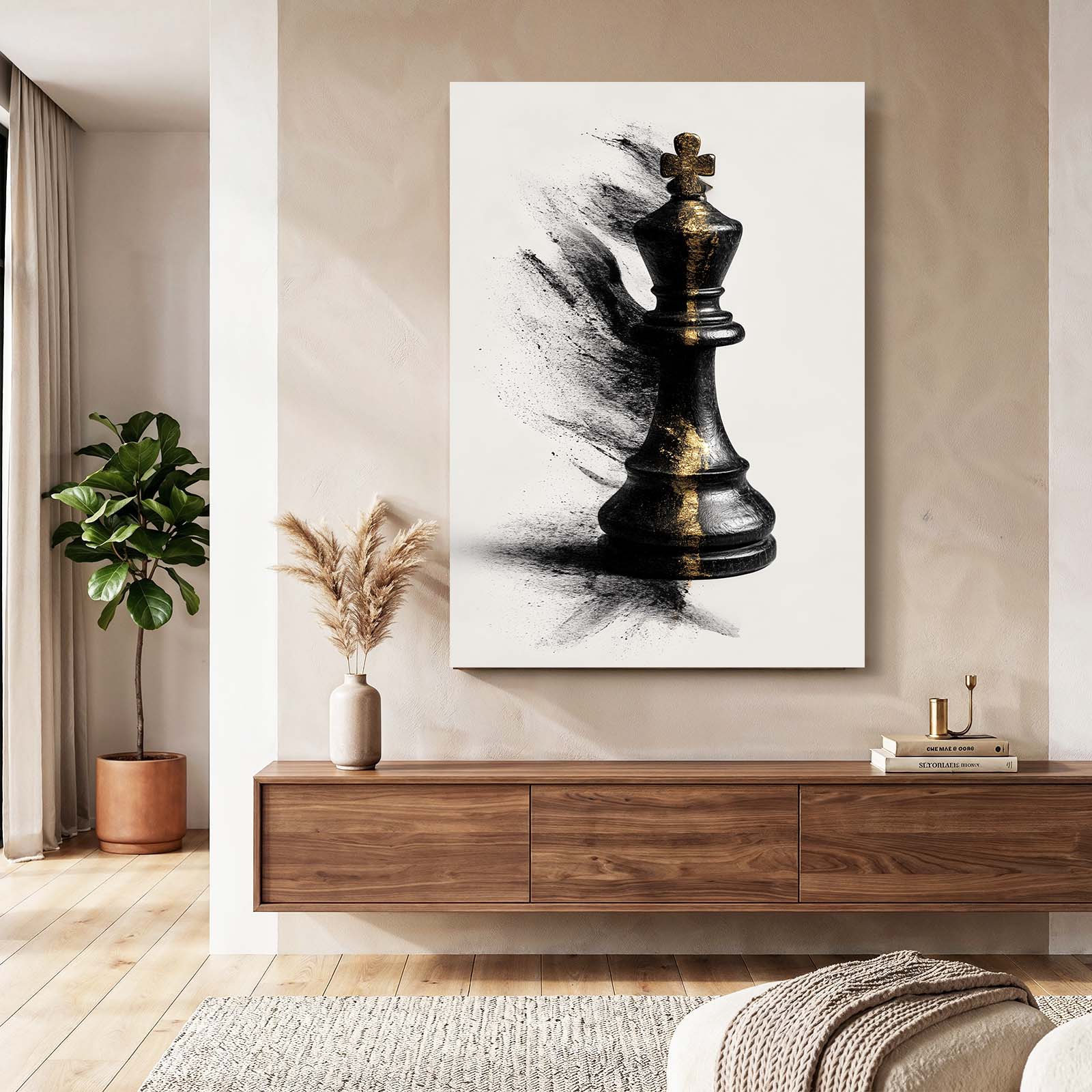 Dust Burst King Chess Wall Art – styled in a furnished interior