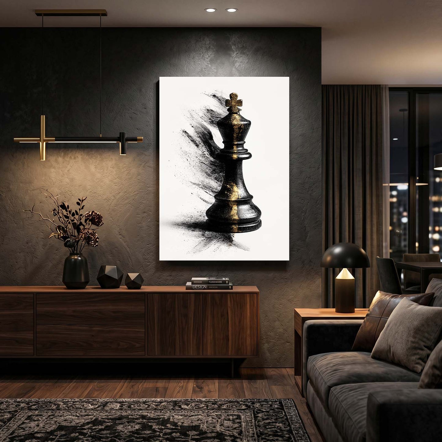 Dust Burst King Chess Wall Art – styled in a furnished interior