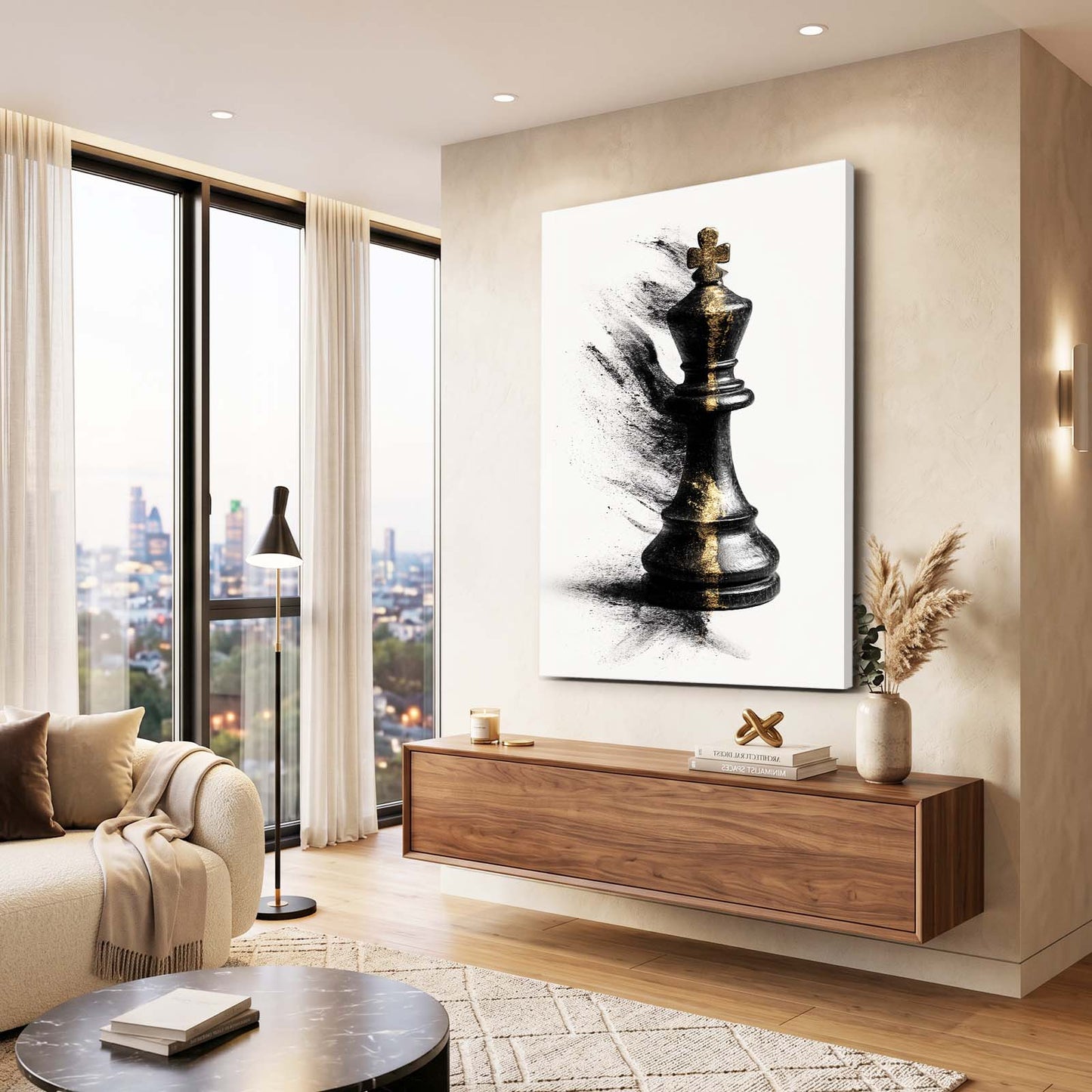 Dust Burst King Chess Wall Art – styled in a furnished interior