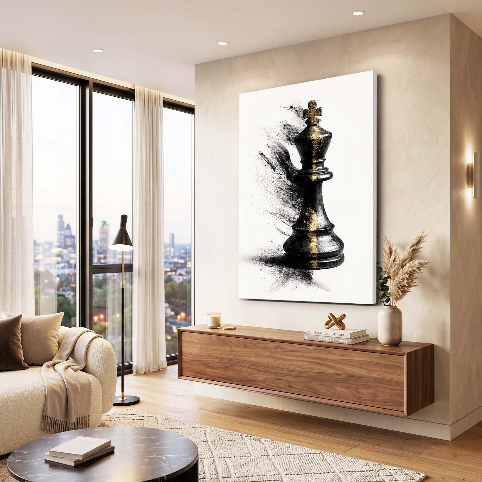 Dust Burst King Chess Wall Art – styled in a furnished interior