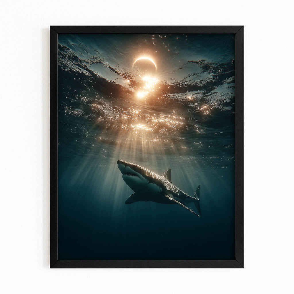 Eclipse Glow Deep Shark Art – with Premium Black frame on white background