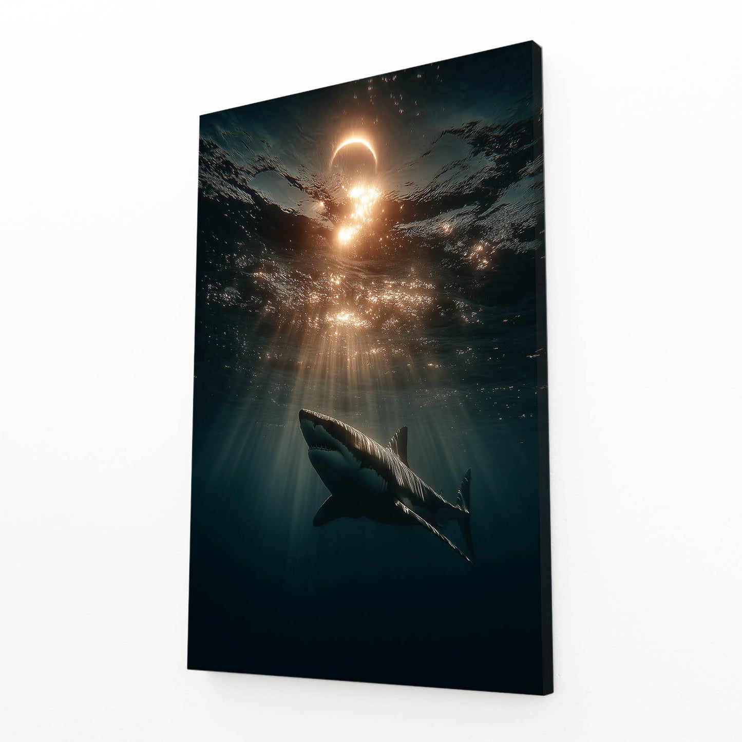 Eclipse Glow Deep Shark Art – angled canvas view on white background