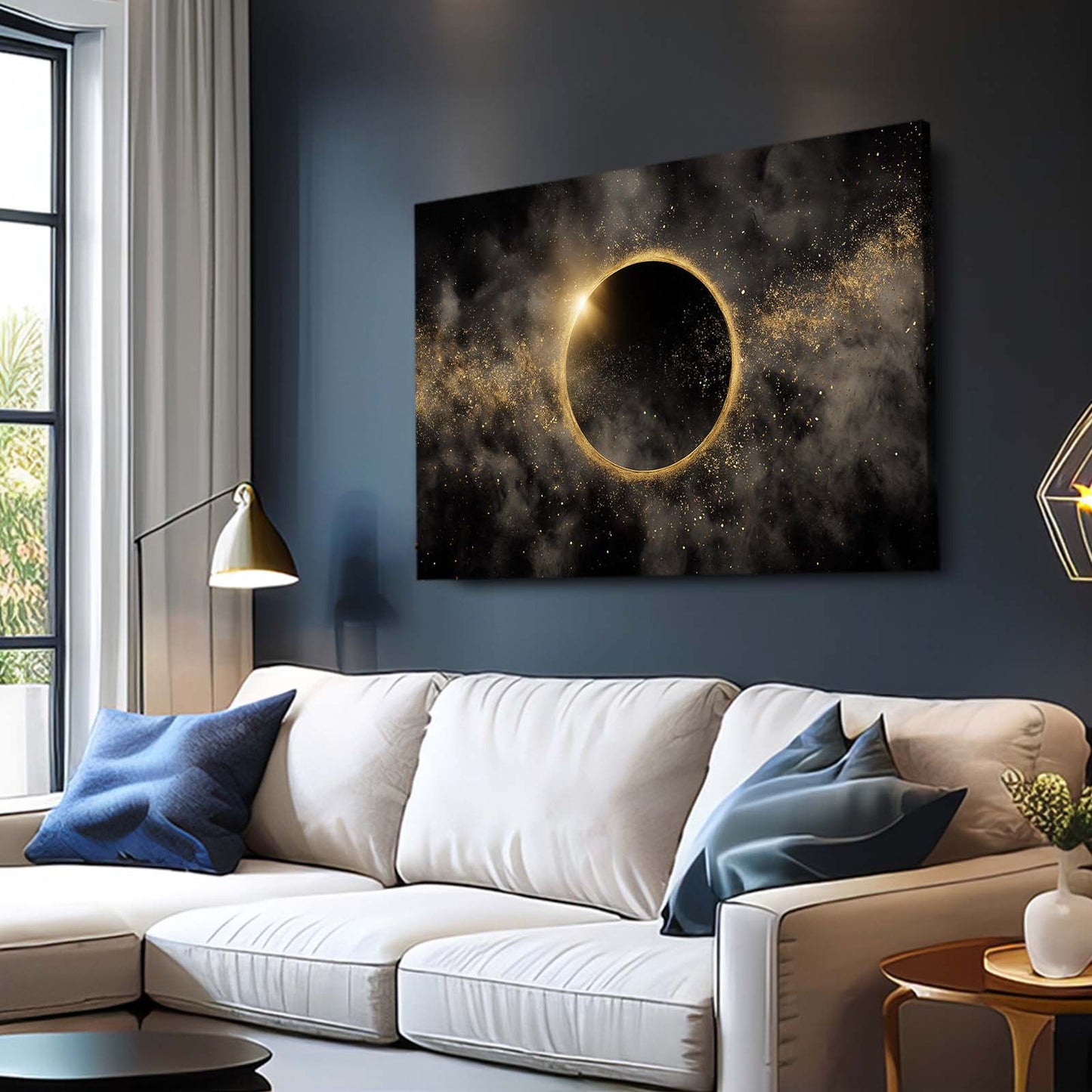 Eclipse Gold Ring Wall Art – styled in a furnished interior