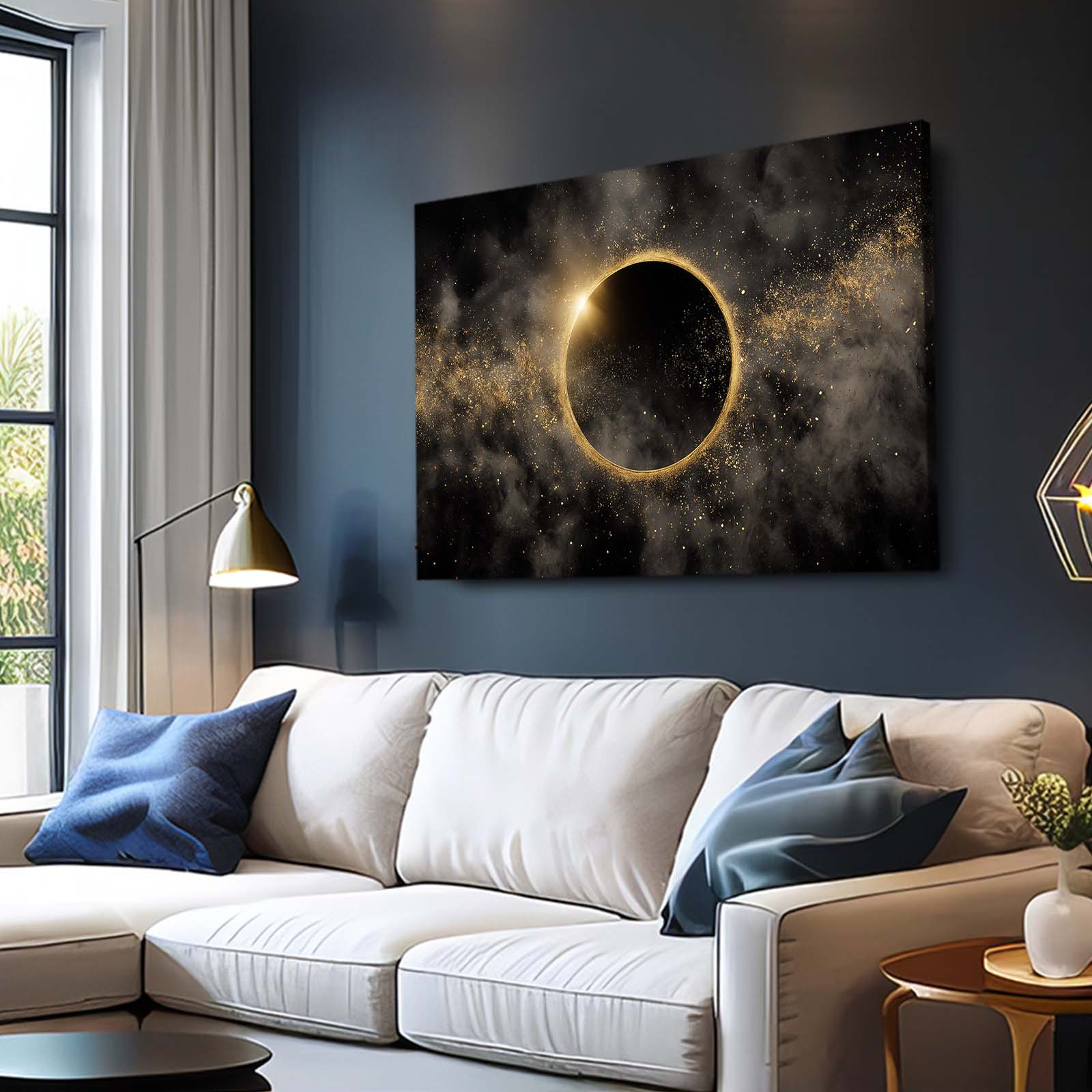 Eclipse Gold Ring Wall Art – styled in a furnished interior