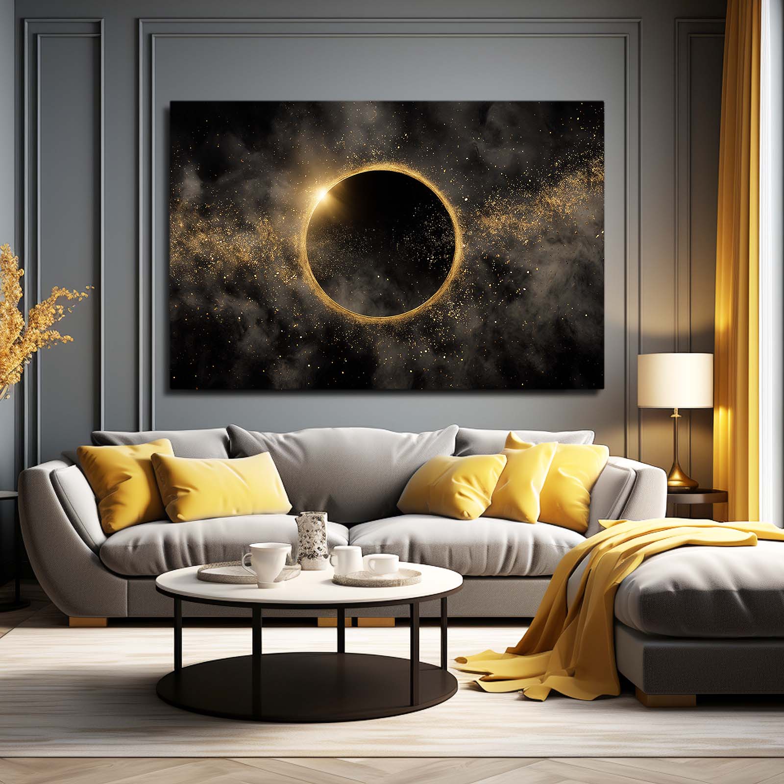 Eclipse Gold Ring Wall Art – styled in a furnished interior