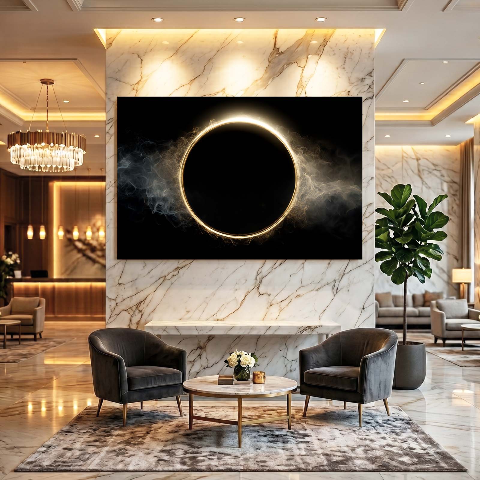 Eclipse Halo Smoke Gold Art – styled in a furnished interior