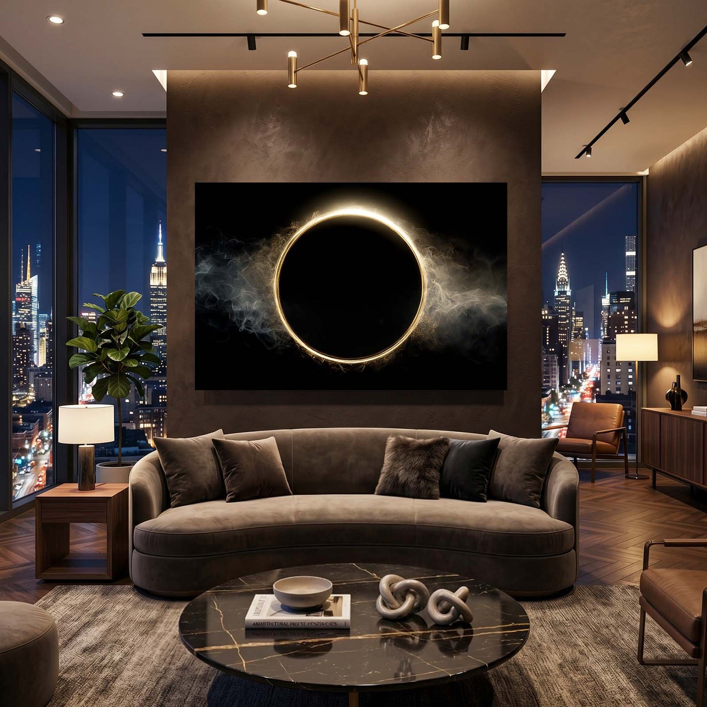 Eclipse Halo Smoke Gold Art – styled in a furnished interior