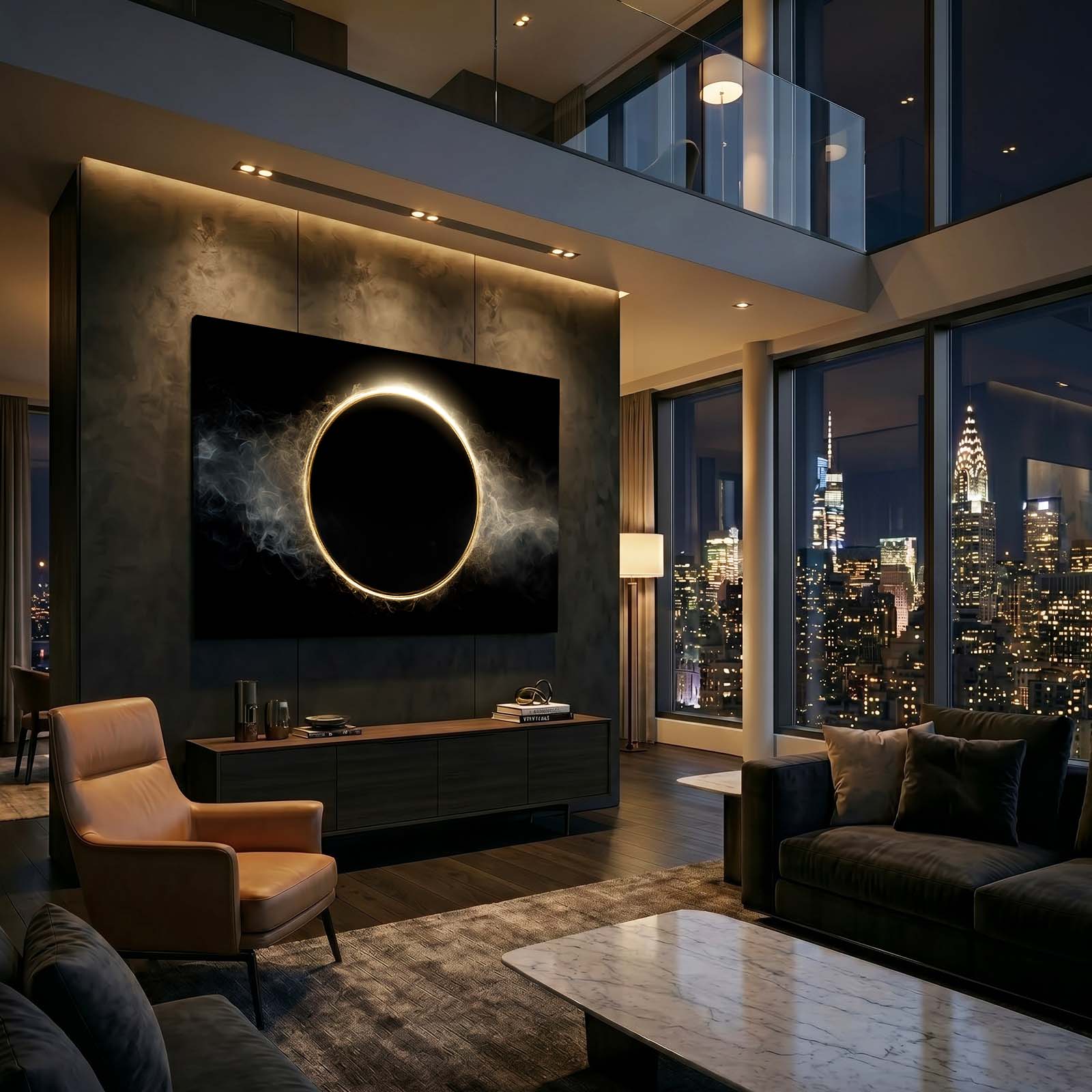 Eclipse Halo Smoke Gold Art – styled in a furnished interior