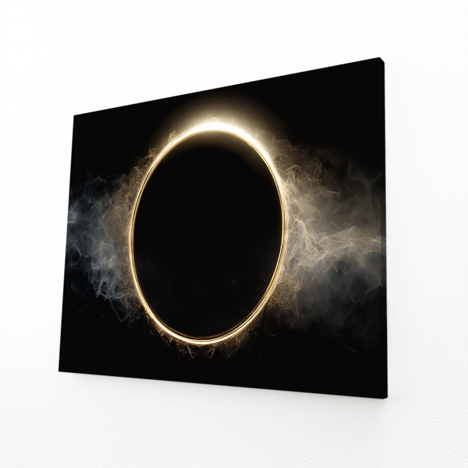 Eclipse Halo Smoke Gold Art – angled canvas view on white background