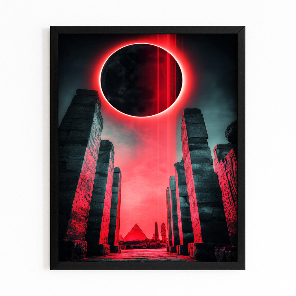 Eclipse Pyramid Silhouette Egyptian Wall Art – with Premium Black frame on white background