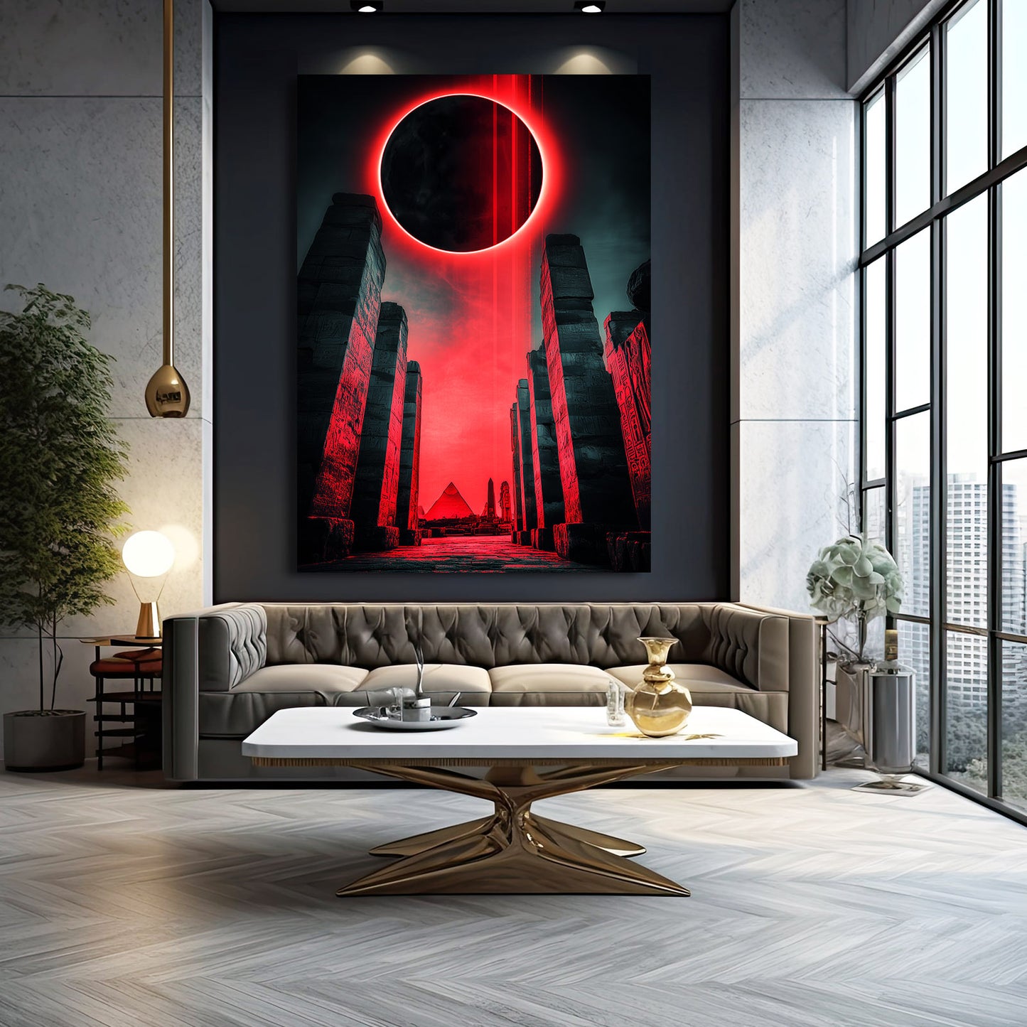 Eclipse Pyramid Silhouette Egyptian Wall Art – styled in a furnished interior