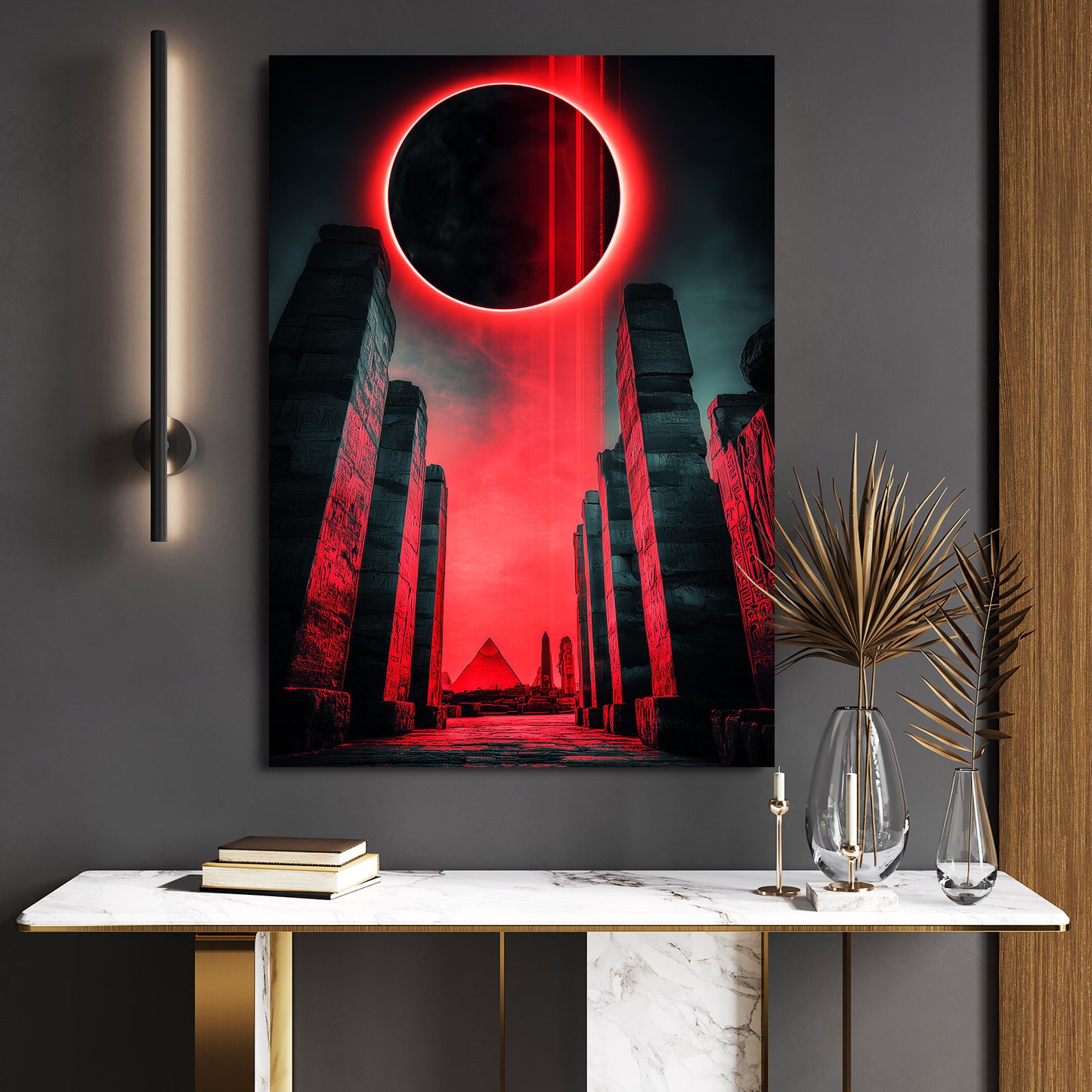 Eclipse Pyramid Silhouette Egyptian Wall Art – styled in a furnished interior