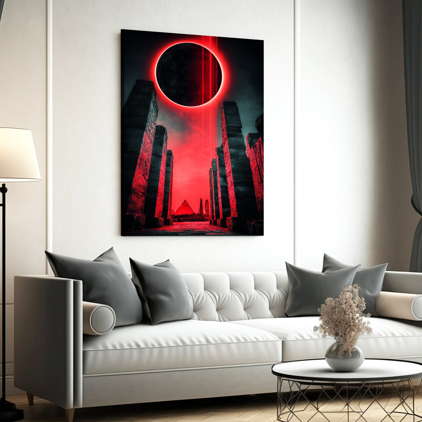 Eclipse Pyramid Silhouette Egyptian Wall Art – styled in a furnished interior