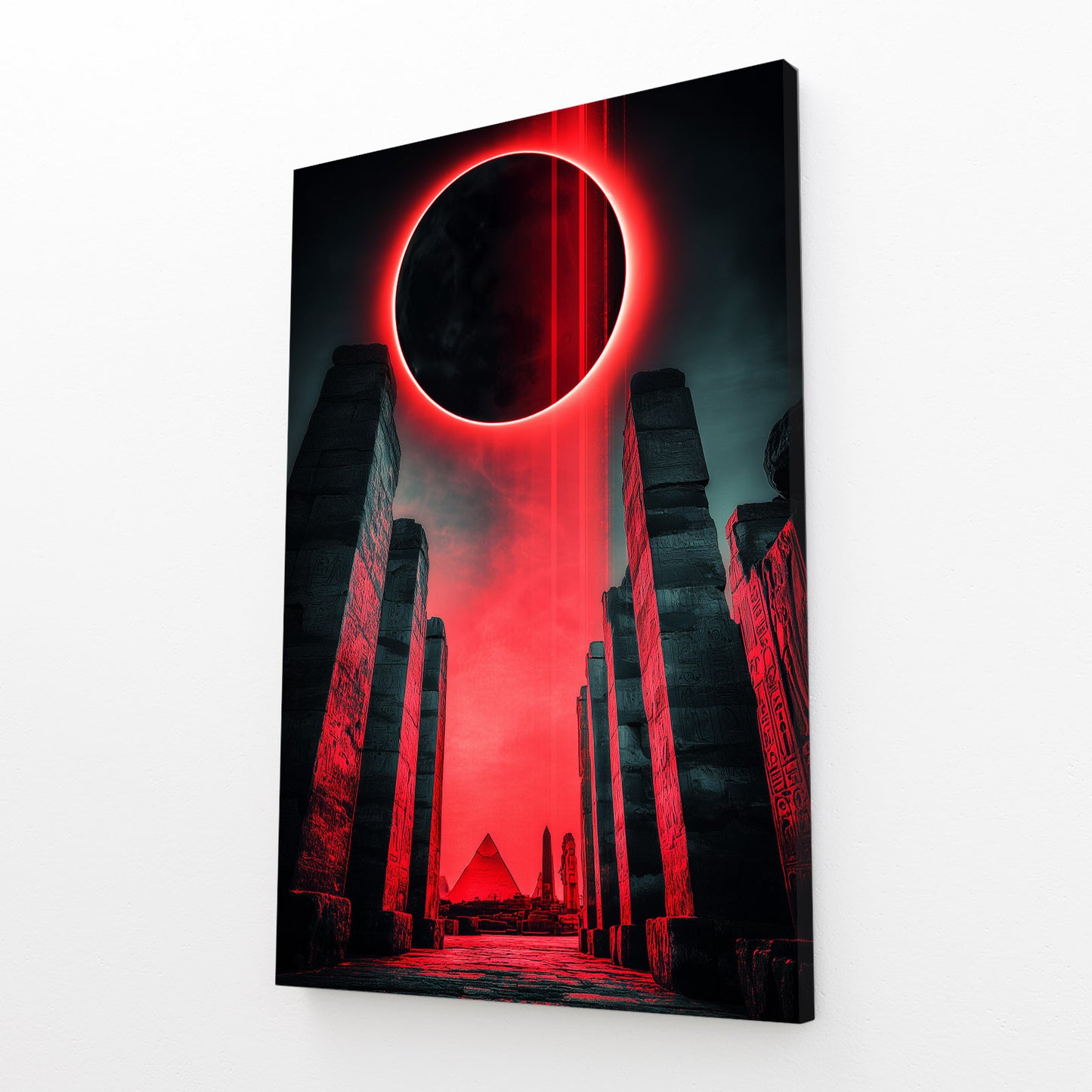 Eclipse Pyramid Silhouette Egyptian Wall Art – angled canvas view on white background