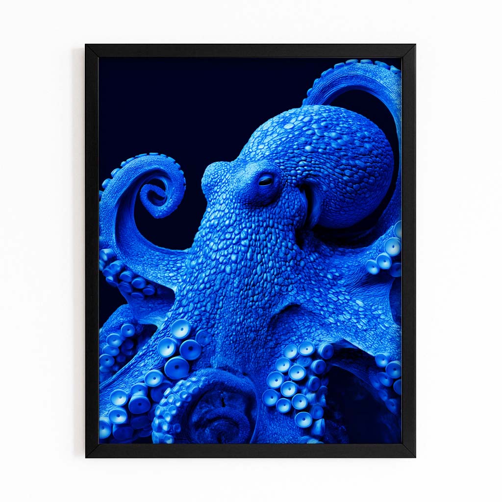 Electric Blue Study Octopus Wall Art – with Premium Black frame on white background