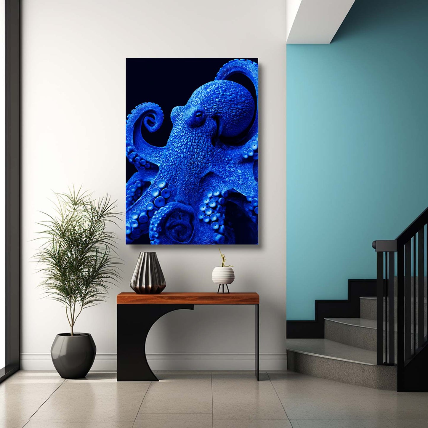 Electric Blue Study Octopus Wall Art – styled in a furnished interior