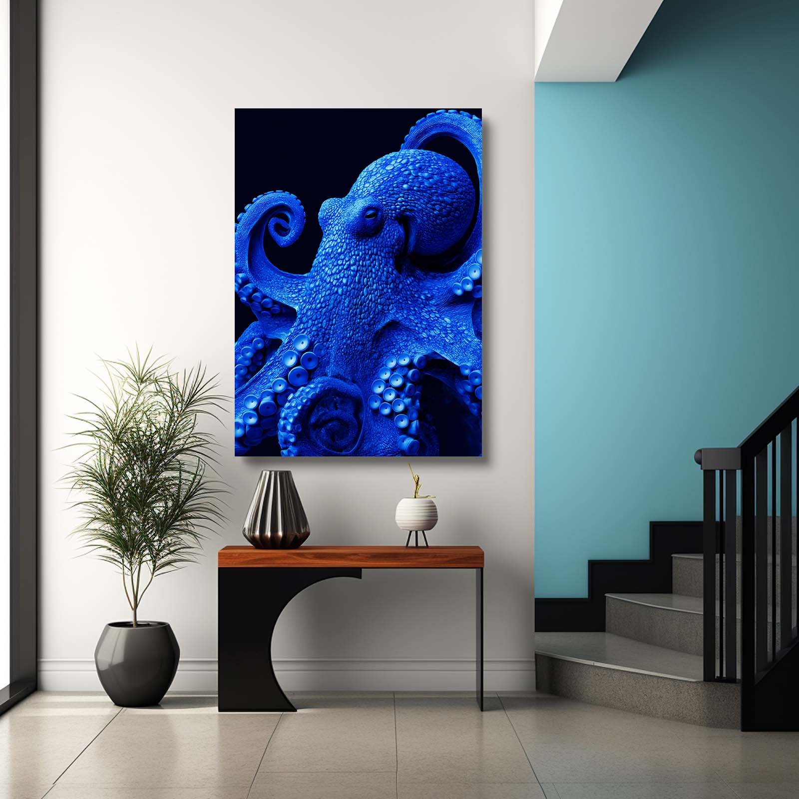 Electric Blue Study Octopus Wall Art – styled in a furnished interior