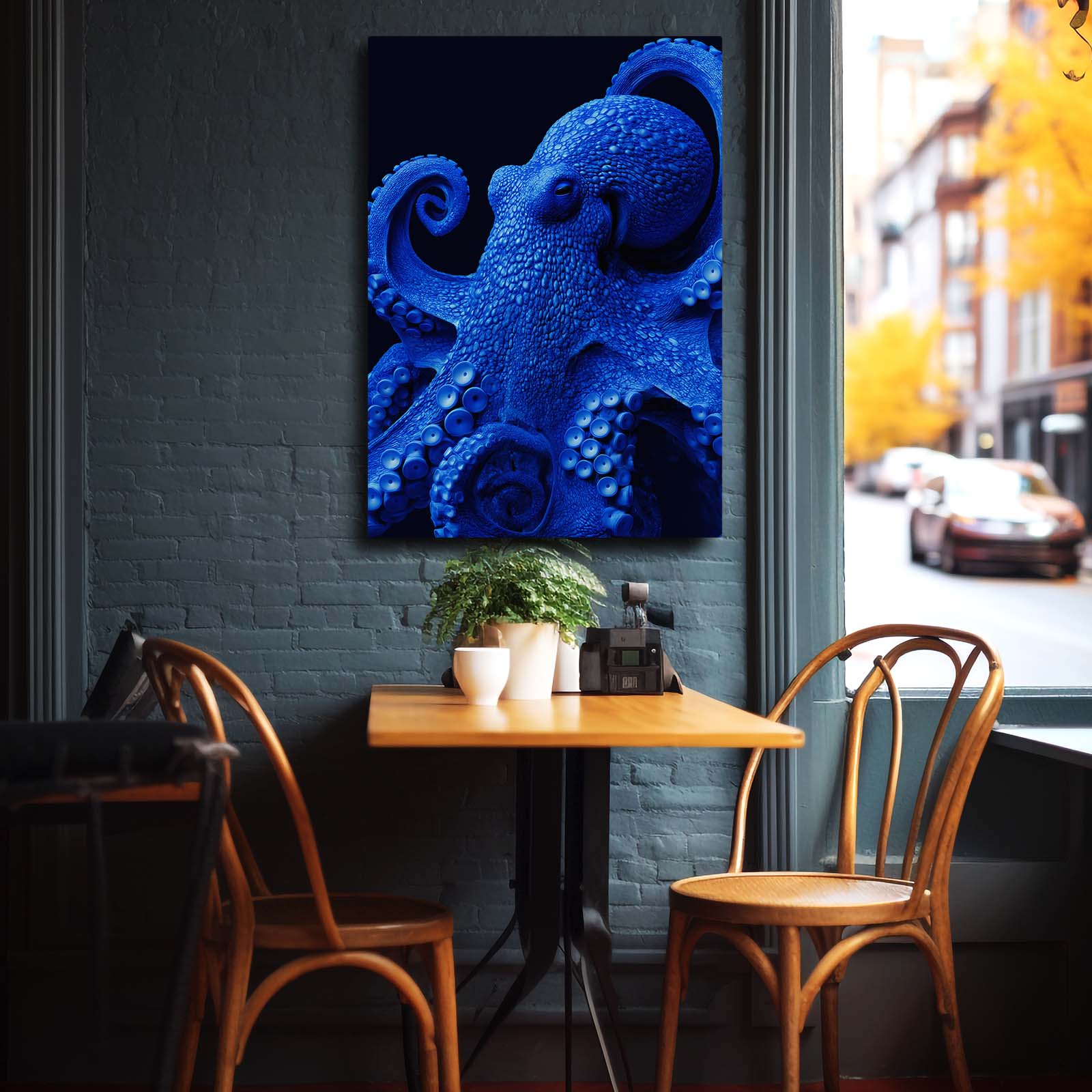 Electric Blue Study Octopus Wall Art – styled in a furnished interior
