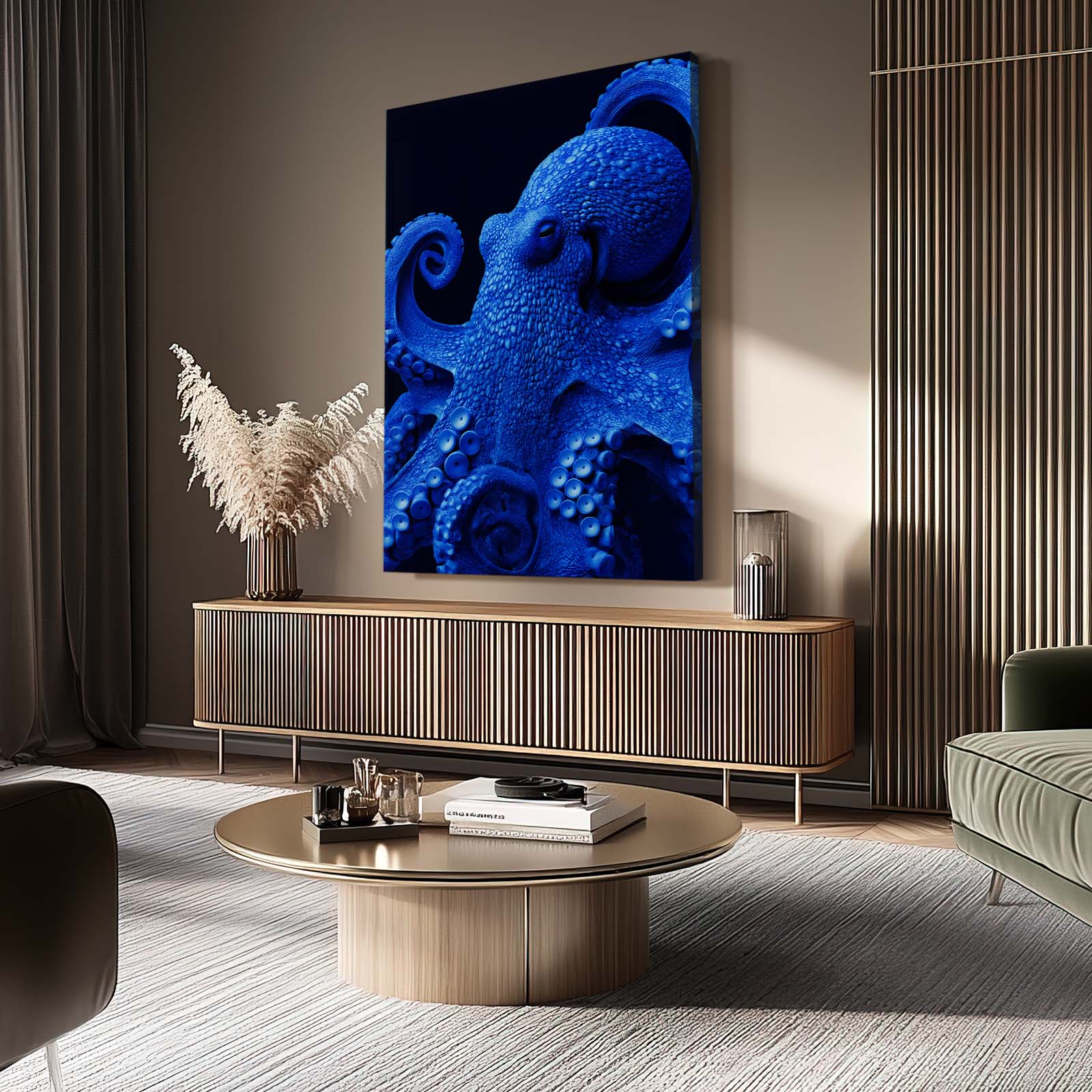Electric Blue Study Octopus Wall Art – styled in a furnished interior