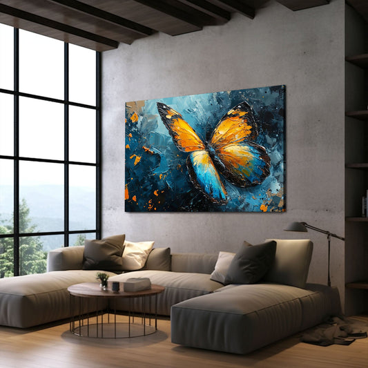 Electric Flame Butterfly Wall Art — 3d canvas print in blue tones, view 3