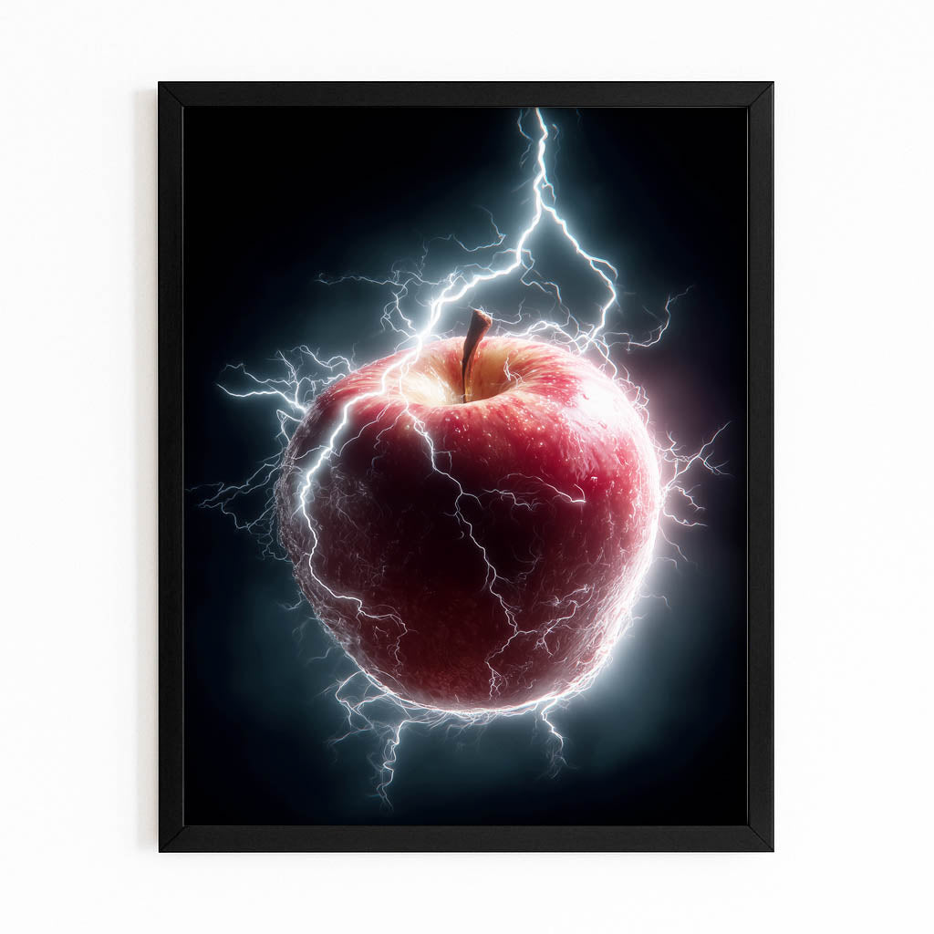 Electric Storm Apple Wall Art – with Premium Black frame on white background
