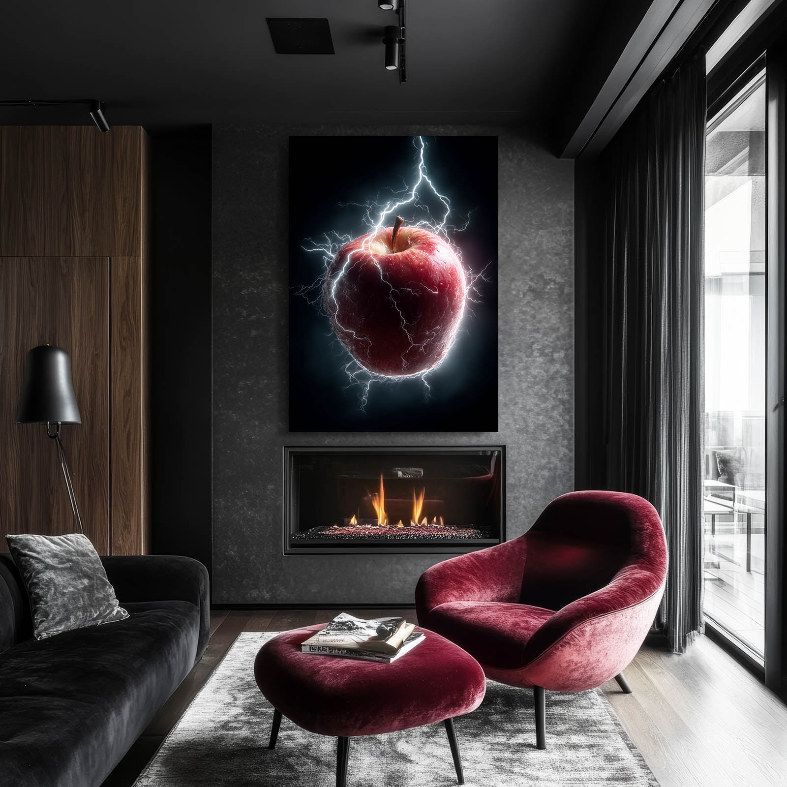 Electric Storm Apple Wall Art – styled in a furnished interior