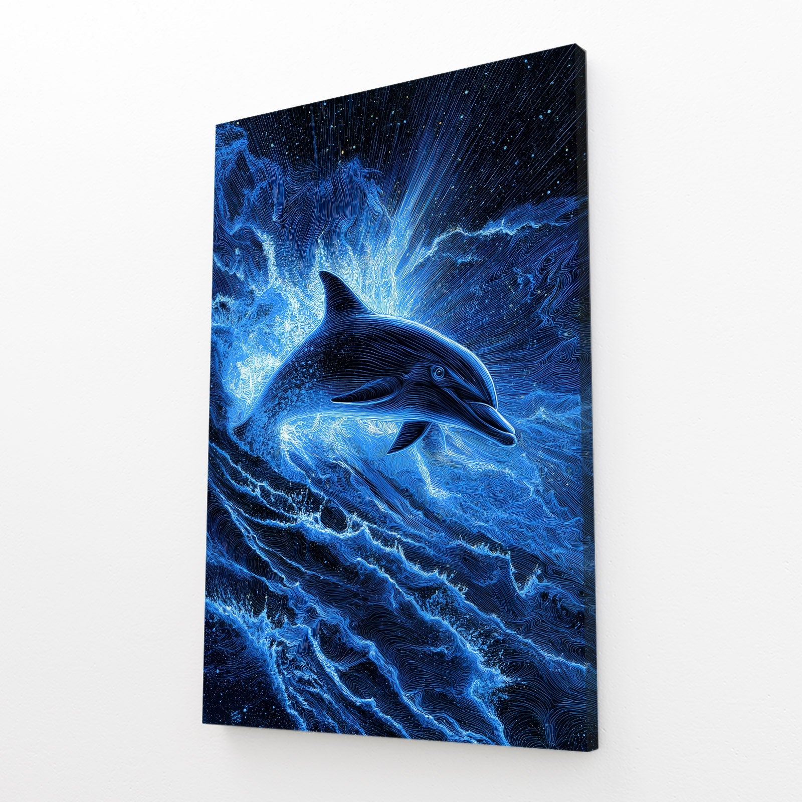Electric Surge Dolphin Art – angled canvas view on white background