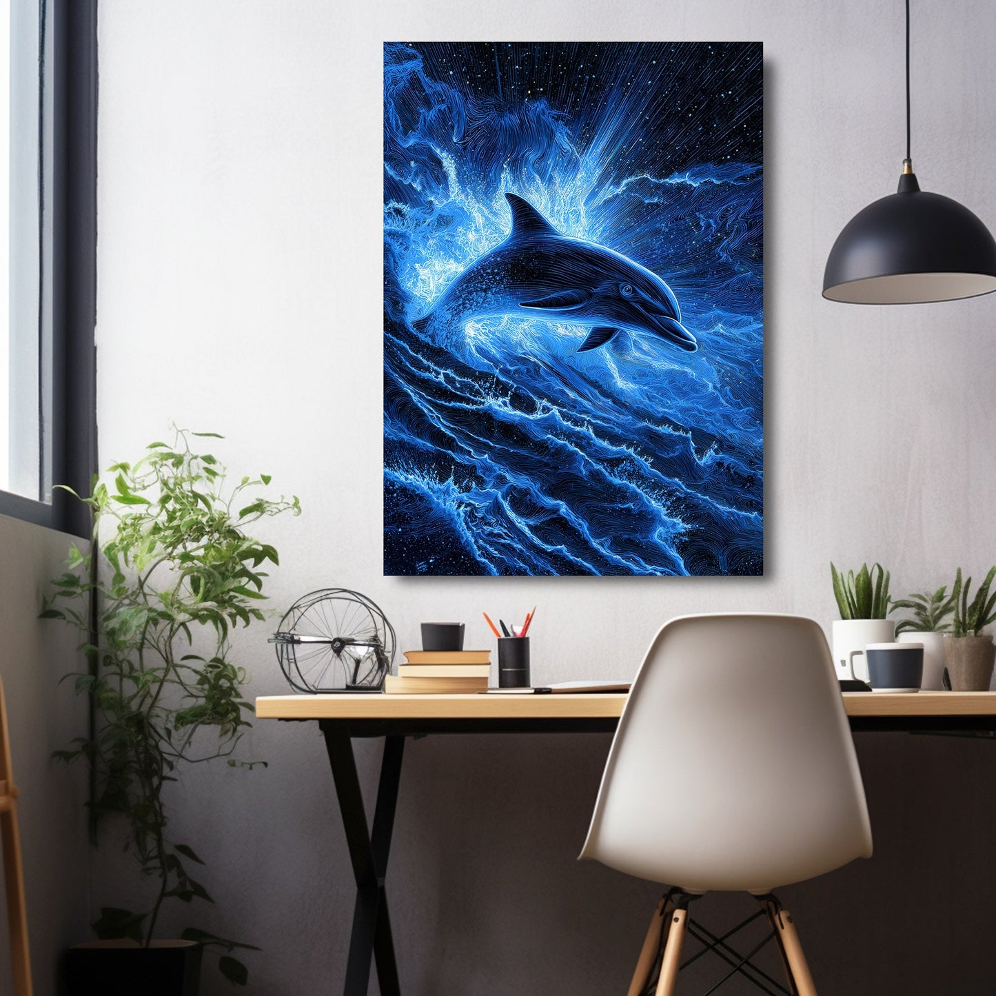 Electric Surge Dolphin Art – styled in a furnished interior