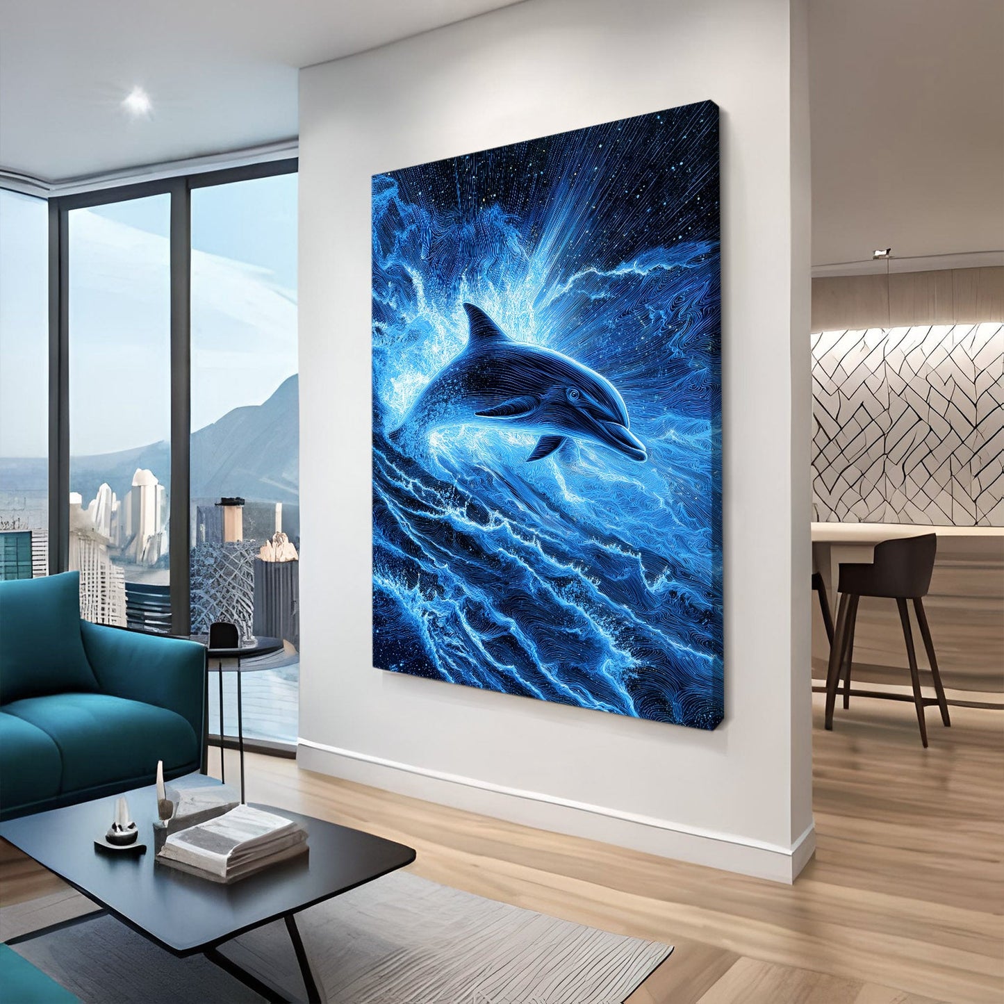 Electric Surge Dolphin Art – styled in a furnished interior
