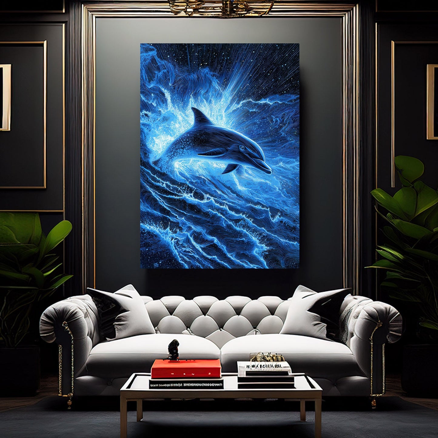 Electric Surge Dolphin Art – styled in a furnished interior