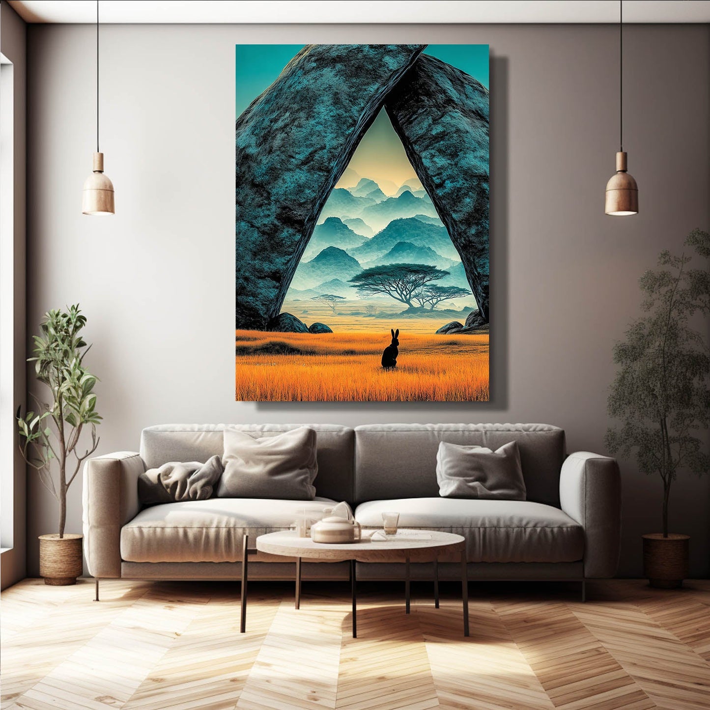 Elegant Rabbit Wall Art – angled canvas view on white background
