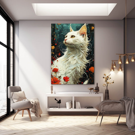 Elegant White Cat Wall Art — botanical canvas print in brown tones, view 3
