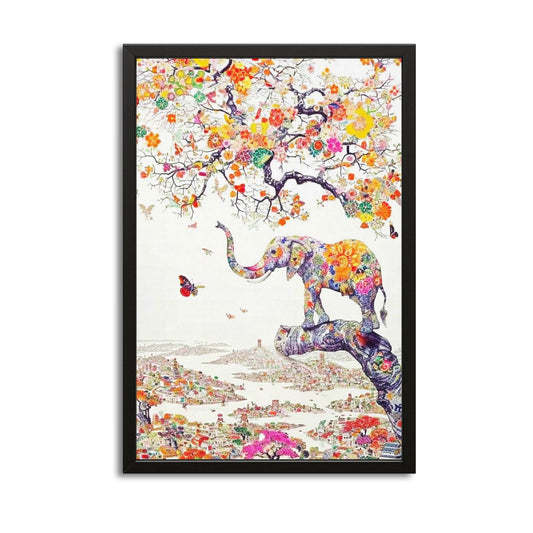 Elephant Blossom Fantasy Art — fantasy canvas print in white tones, with Premium Black frame on white background