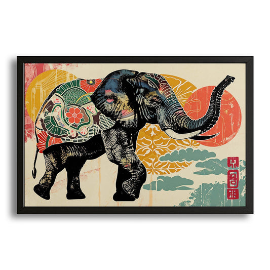 Elephant Decorative Art — japanese art canvas print in white tones, with Premium Black frame on white background