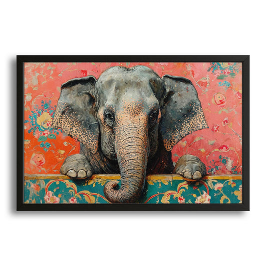 Elephant Decorative Wall Art — figurative art canvas print in brown tones, with Premium Black frame on white background