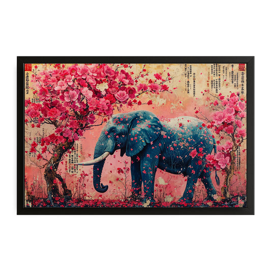 Elephant Flower Art — japanese art canvas print in red tones, with Premium Black frame on white background