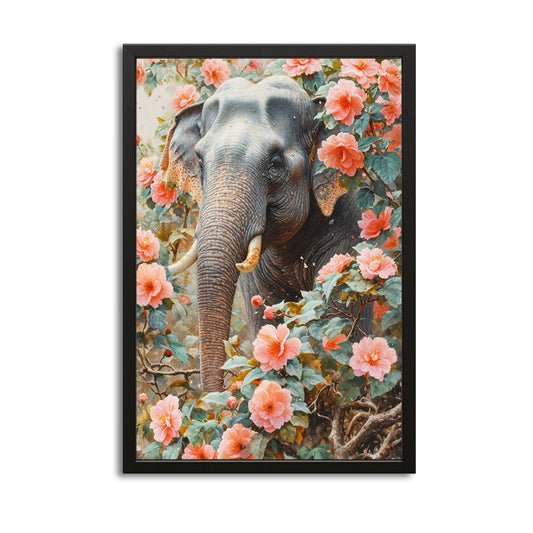 Elephant In Bloom Art — realism canvas print in brown tones, with Premium Black frame on white background