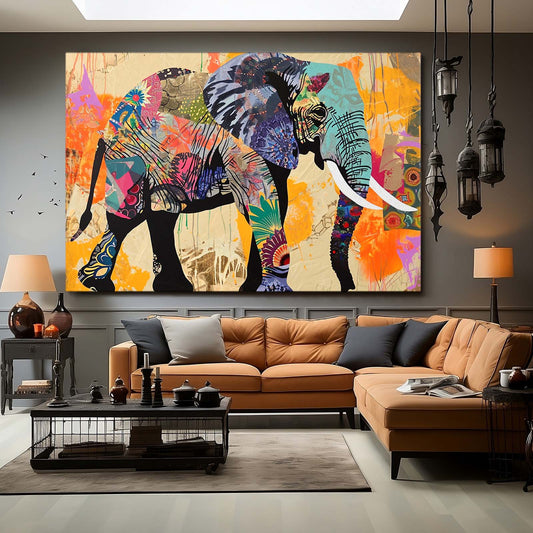 Elephant Mixed Media Art — abstract canvas print in orange tones, view 3
