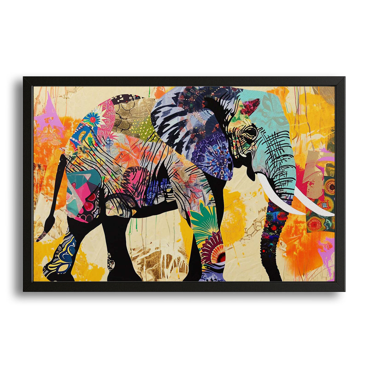 Elephant Mixed Media Art — contemporary canvas print in orange tones, with Premium Black frame on white background
