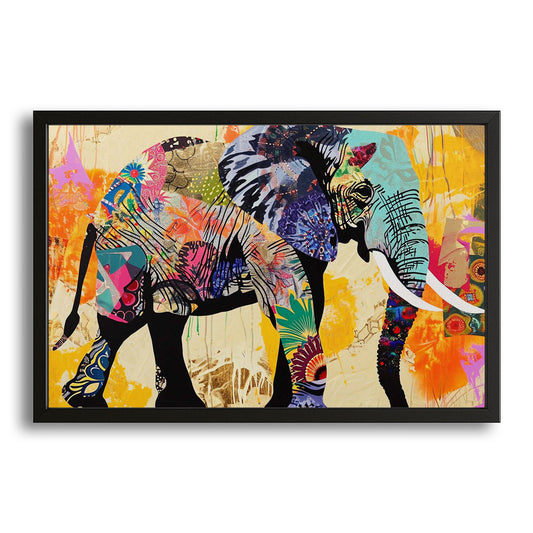 Elephant Mixed Media Art — contemporary canvas print in orange tones, with Premium Black frame on white background