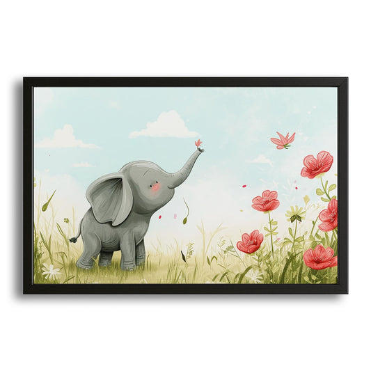 Elephant Nursery Wall Art — anime canvas print in white tones, with Premium Black frame on white background