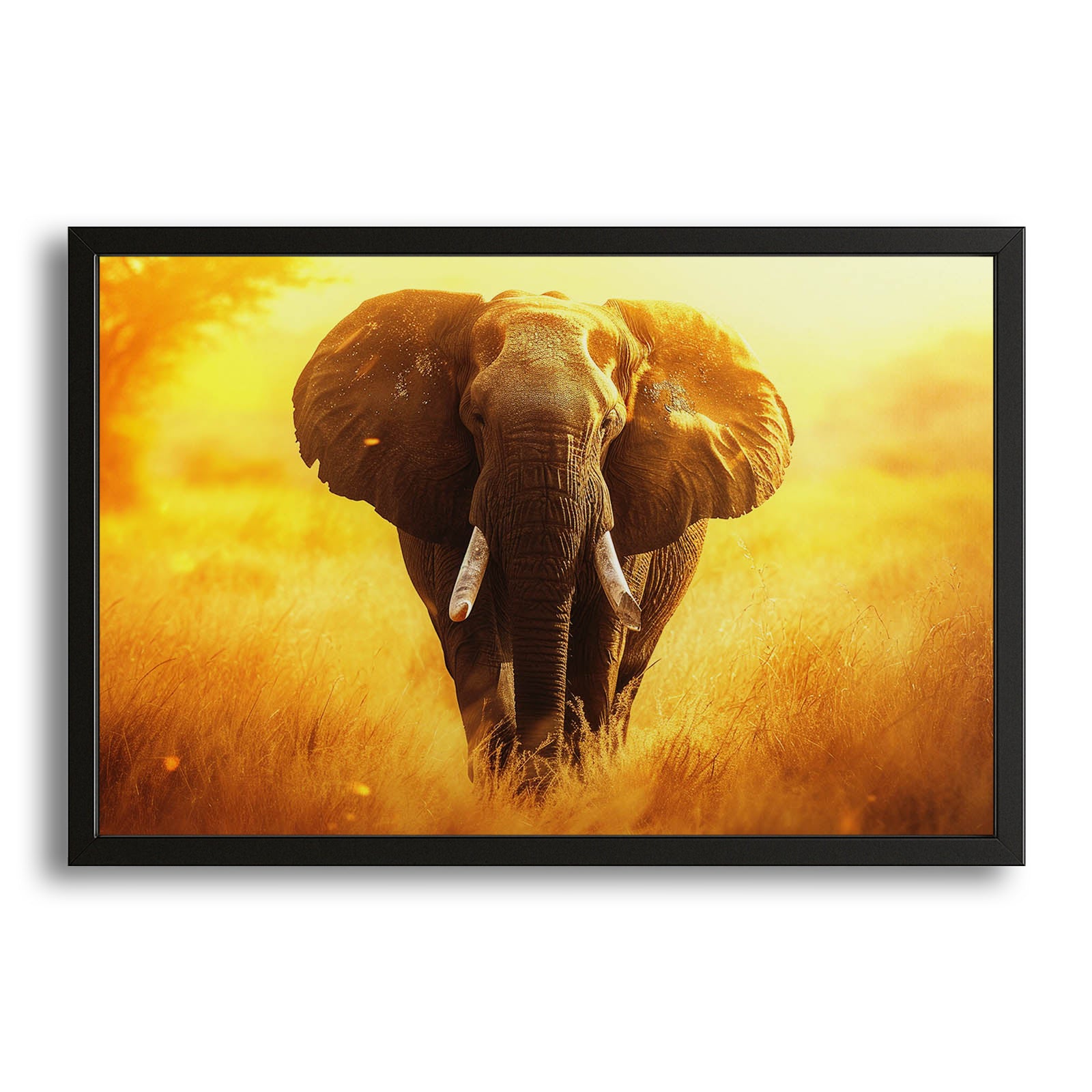 Elephant Photo Wall Art — nature canvas print in orange tones, with Premium Black frame on white background