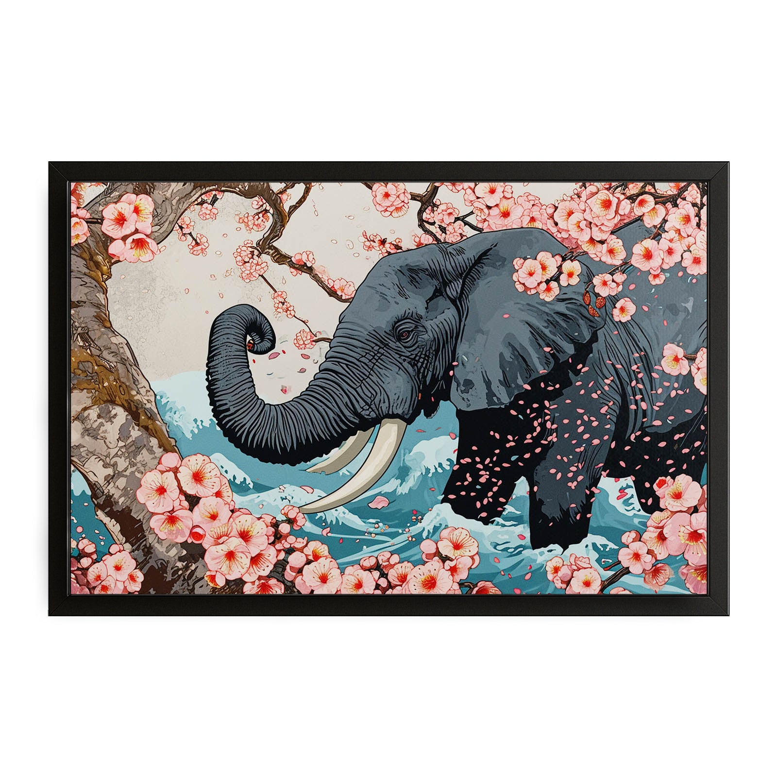 Elephant Wall Art — fantasy canvas print in white tones, with Premium Black frame on white background