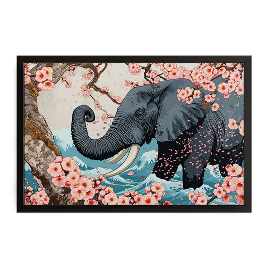 Elephant Wall Art — fantasy canvas print in white tones, with Premium Black frame on white background